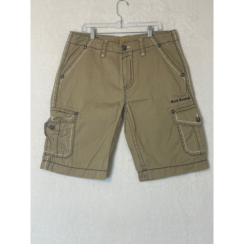 Rock Revival Mens Khaki Cargo Shorts Thick Stitch Fleur De Lis Tan Size 34 34x12